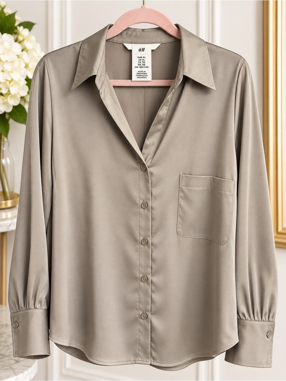 H&M Women's Taupe Silk-Look Button Down Shirt